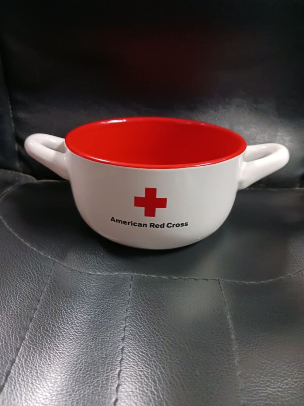 American Red Cross Double Handle Soup or Chili Bowl Red Interior
